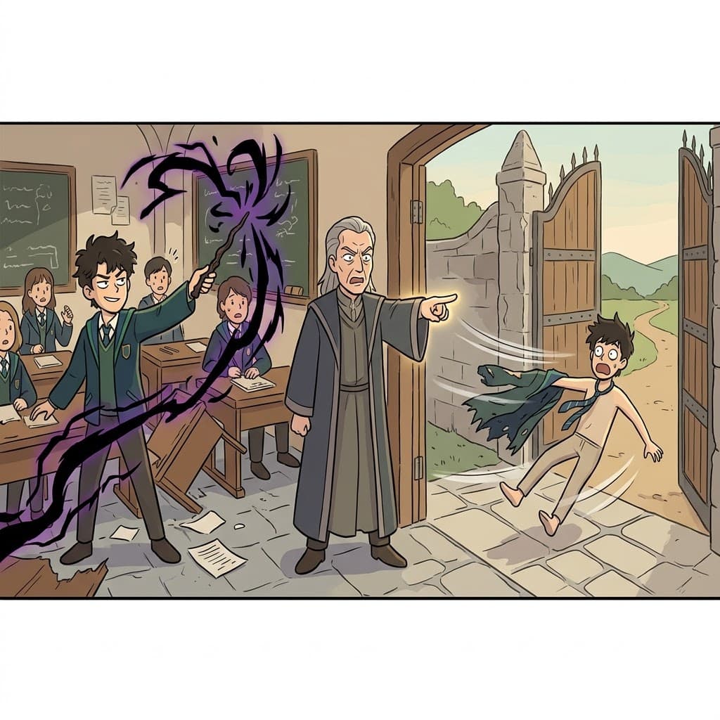 금지된 어둠의 주문(spell)을 걸었기 때문에, 마법 아카데미는 그를 영구적으로 퇴학시키기로(expel) 결정했다.