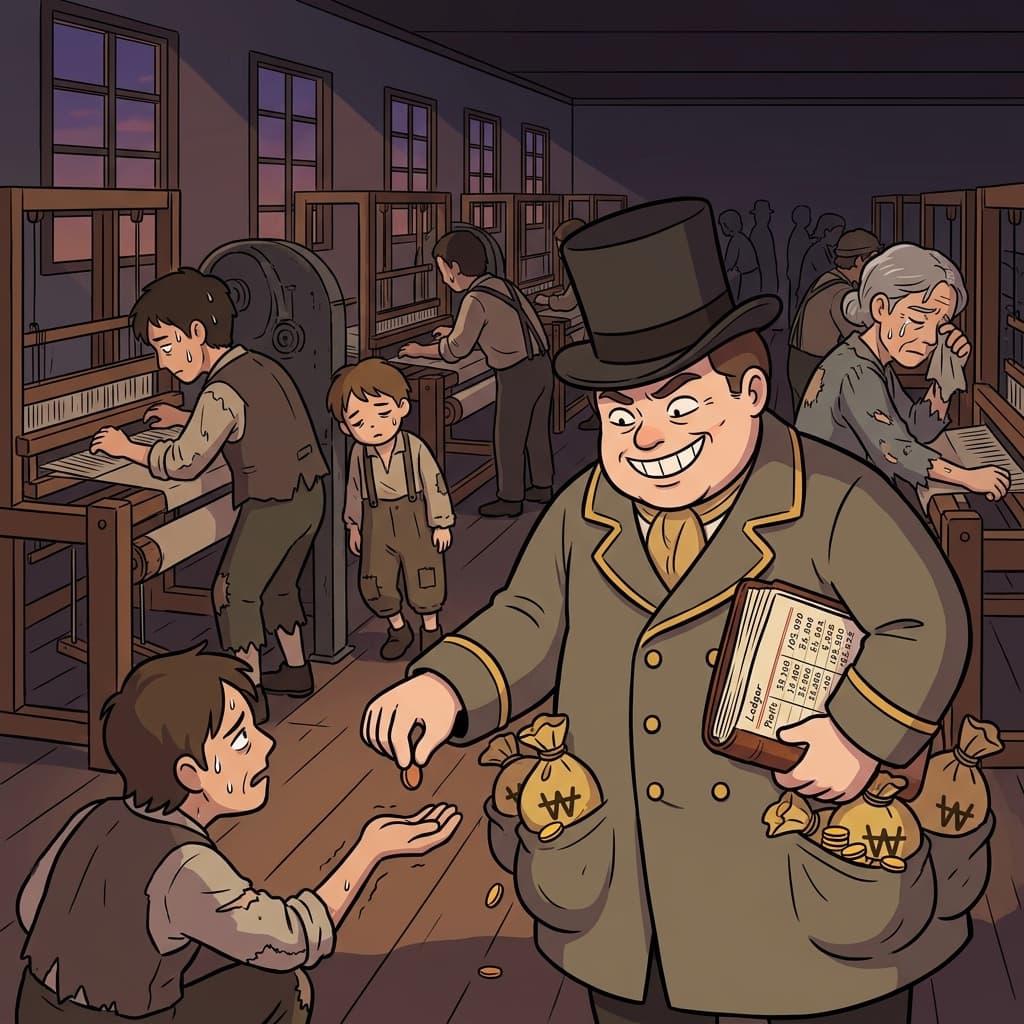 공장 사장은 노동자들을 착취하며 푼돈만 쥐여준다.