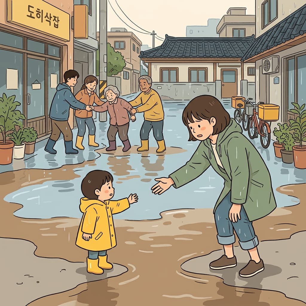 그녀가 손을 내밀었다 — 그리고 아이는 안전하게 침수된 길을 건넜다.