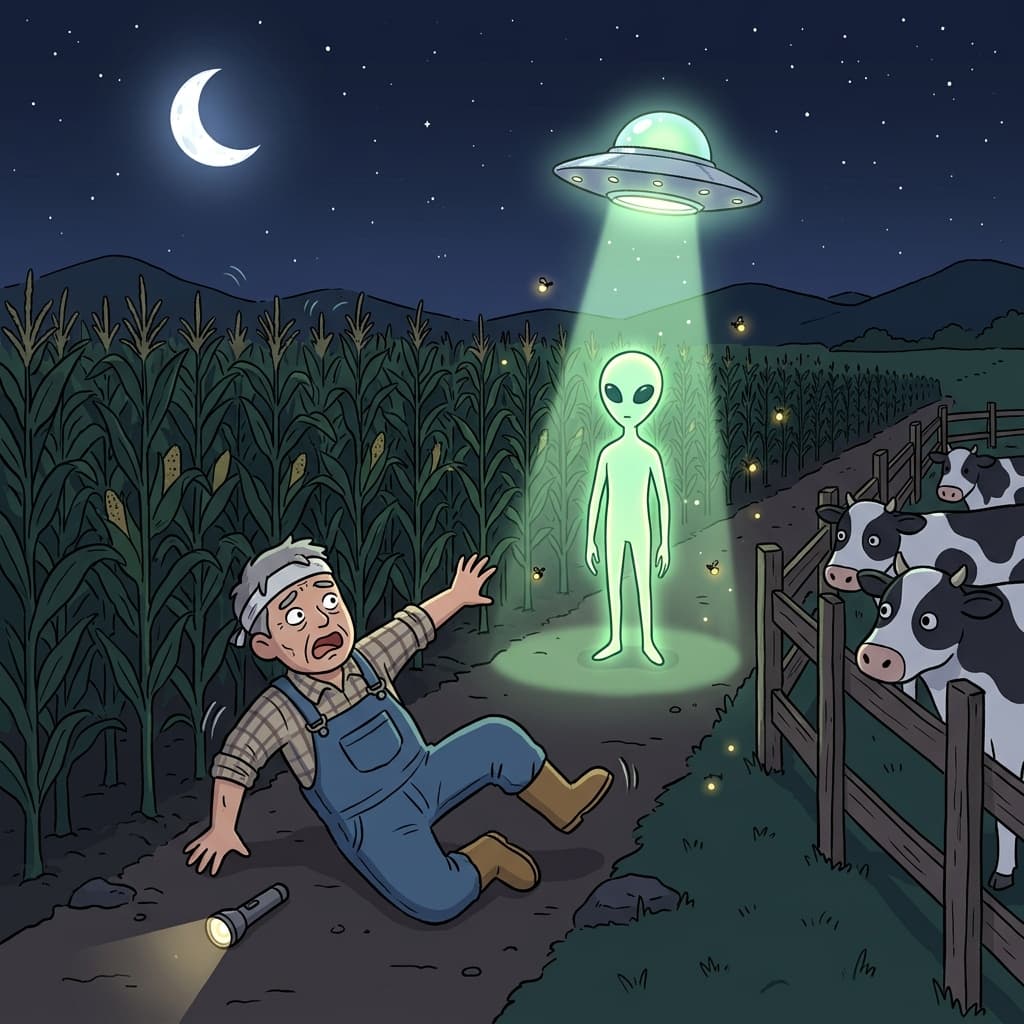 한밤중 옥수수밭에 외계인이 나타나 농부가 놀라 자빠진다.