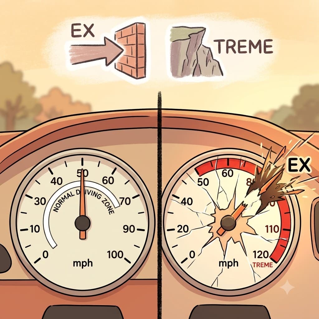 EX (넘어서) + TREME (한계/끝) — 트랙의 일반적인 한계(TREME)를 아예 넘어서서(EX) 차 속도를 밀어붙임으로써, 운전자는 극도로(extremely) 빠르게 운전했다.