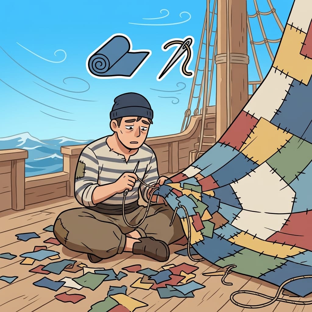 FABRIC(직물) + ATE(만들다) — 선원은 여러 직물(FABRIC) 조각을 꿰매어 거대한 돛을 제작했다(fabricate).