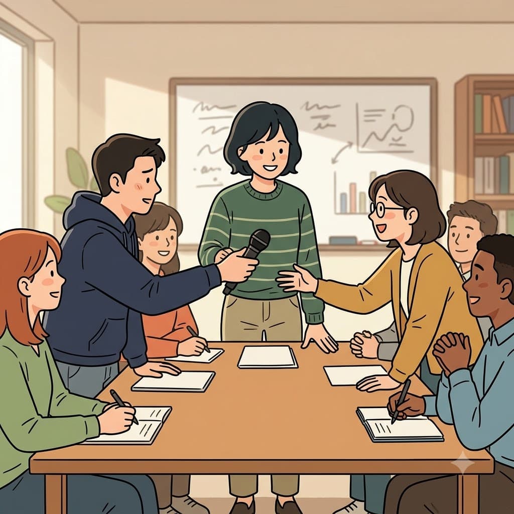“패실리테이터가 패스해!” 진행자는 모두가 토론에 참여할 수 있도록 마이크를 한 사람에서 다른 사람에게 패스했다.