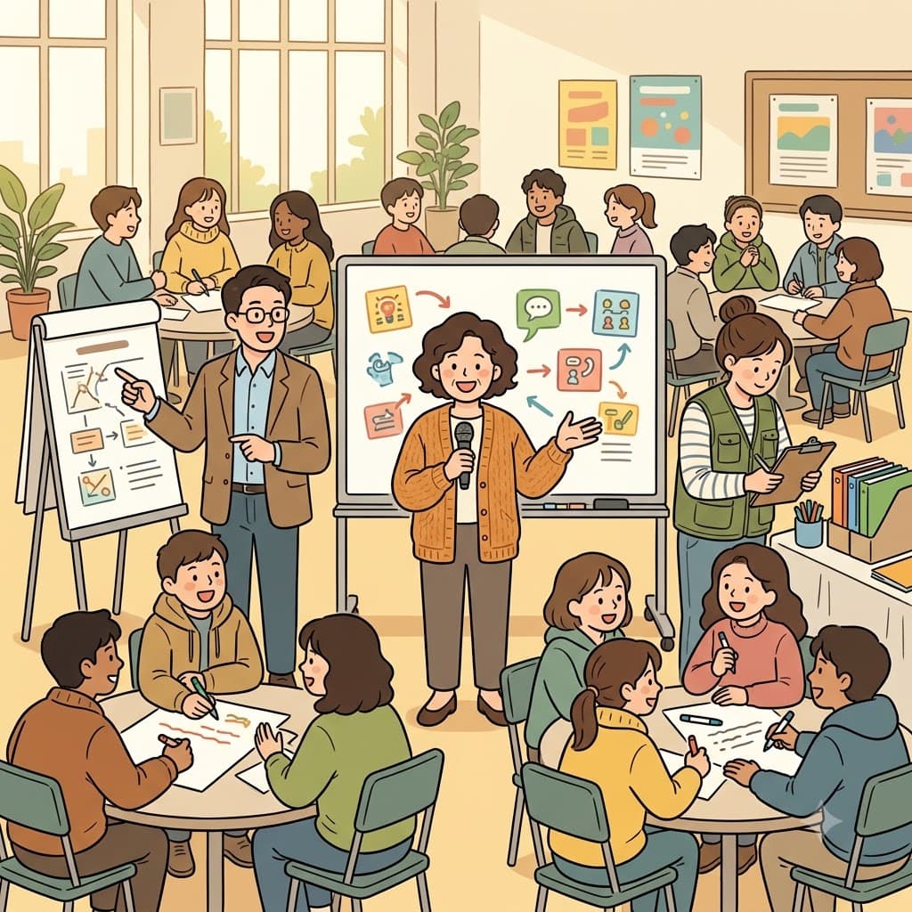 진행자(facilitator)는 교육자(educator) 및 **코디네이터(coordinator)**와 함께 워크숍을 준비해 모든 참가자가 참여하도록 도왔다.
