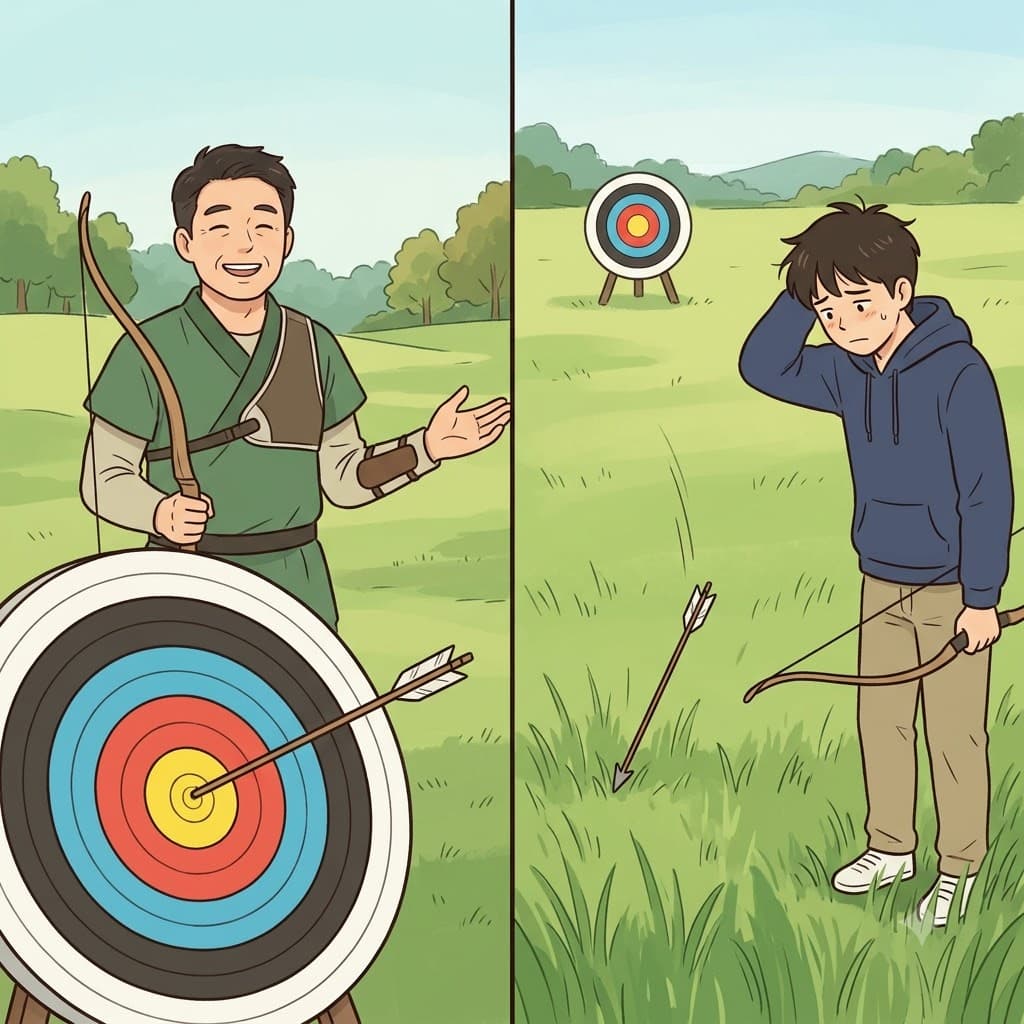 마스터의 화살은 정확히 중앙을 맞힌 반면, 초보자의 화살은 과녁에 미치지 못했다(fall short).