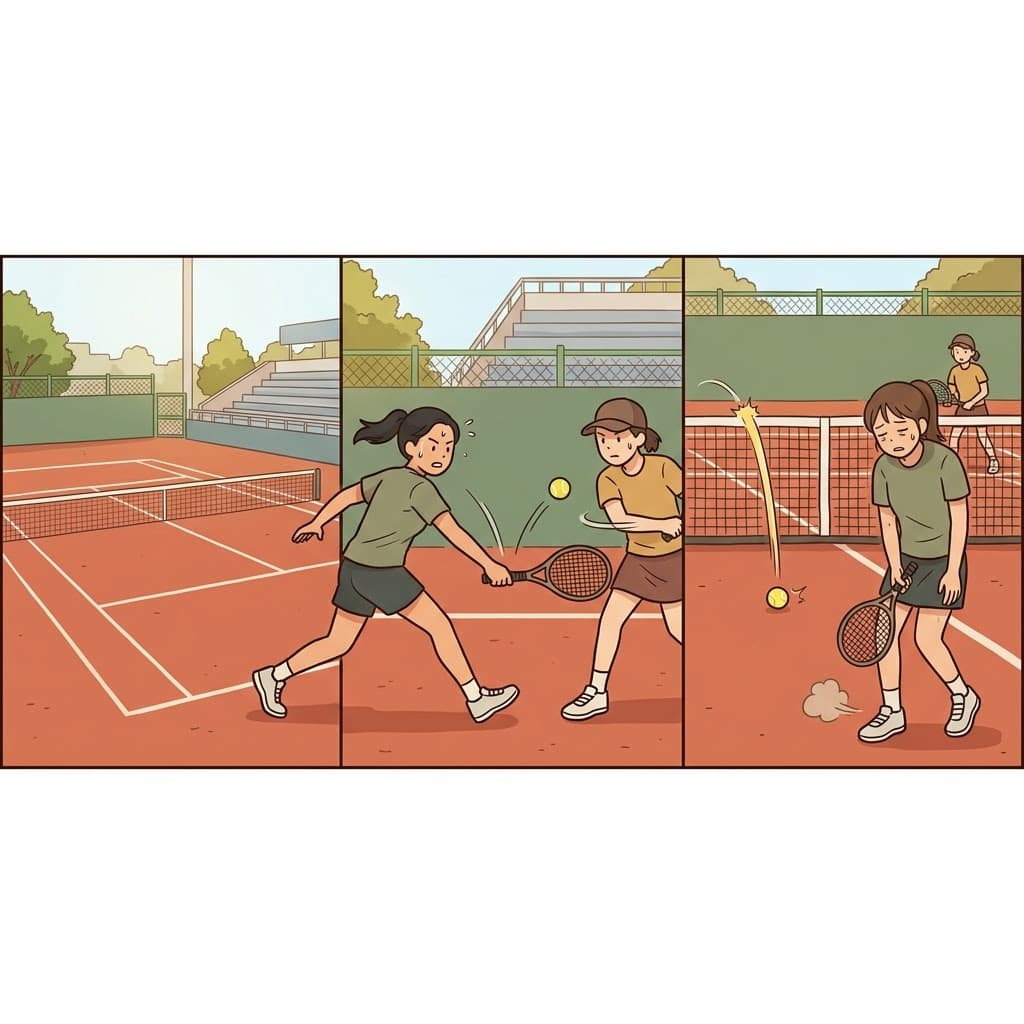 경쟁적인 스포츠(sport)를 하며 뜨거운 테니스 코트(court)에서 땀을 흘리던 중, 그녀의 지친 마지막 스윙은 공이 네트에 미치지 못하게(fall short) 만들었다.