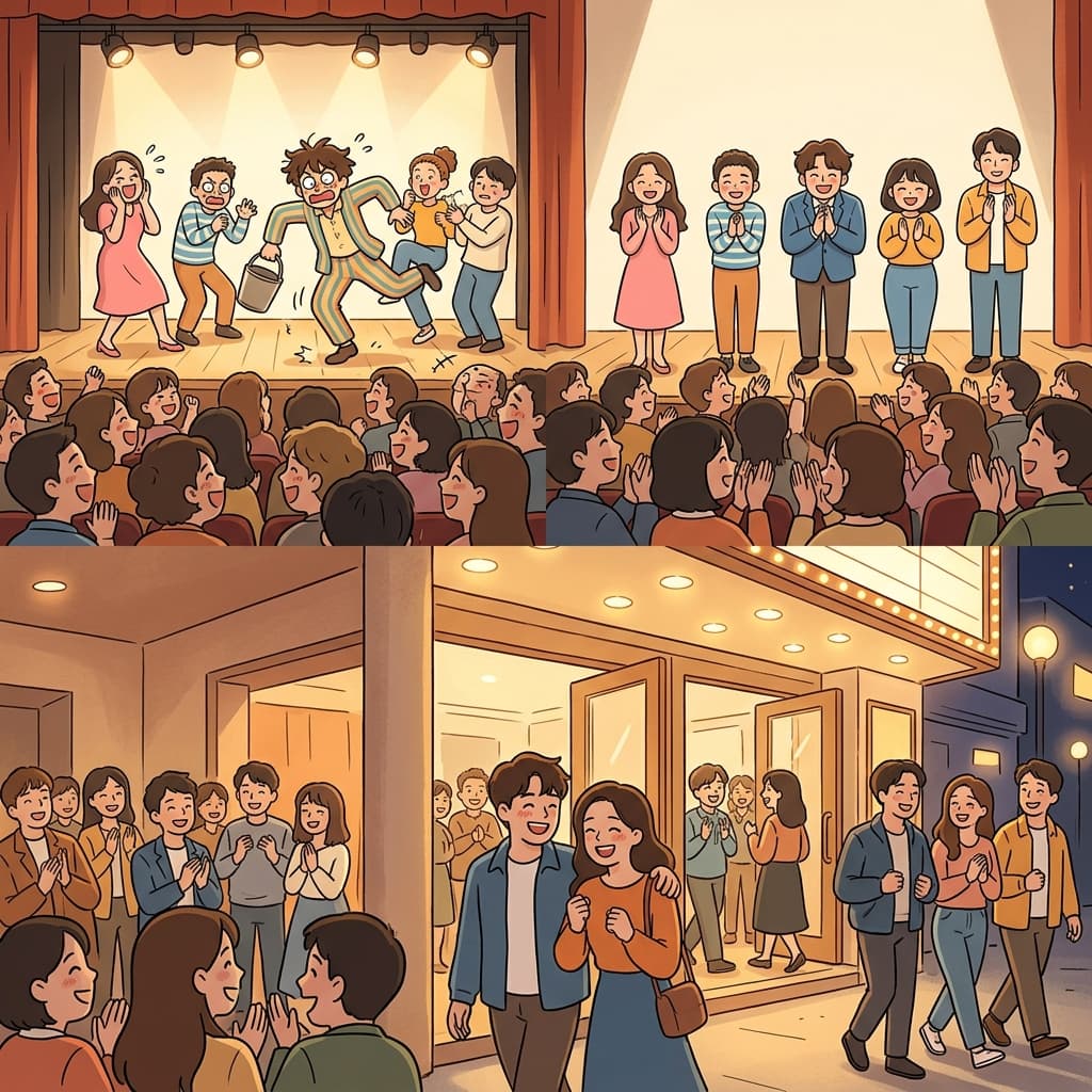 그 익살극(farce)은 배우들을 스타(stars)로 만들었고, 관객들은 주차장으로 향하는 길(cars)에서도 계속 웃음을 터뜨렸다.