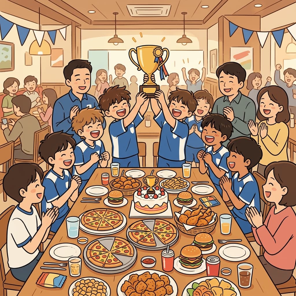 아이들은 우승을 축하하며 성대한 잔치를 즐겼다. ("피~ 잔치!" → 피자까지 가득한 잔치)