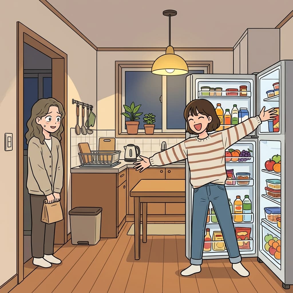 호스트가 웃으며 냉장고에서 뭐든 편하게 꺼내 먹으라고 했다.