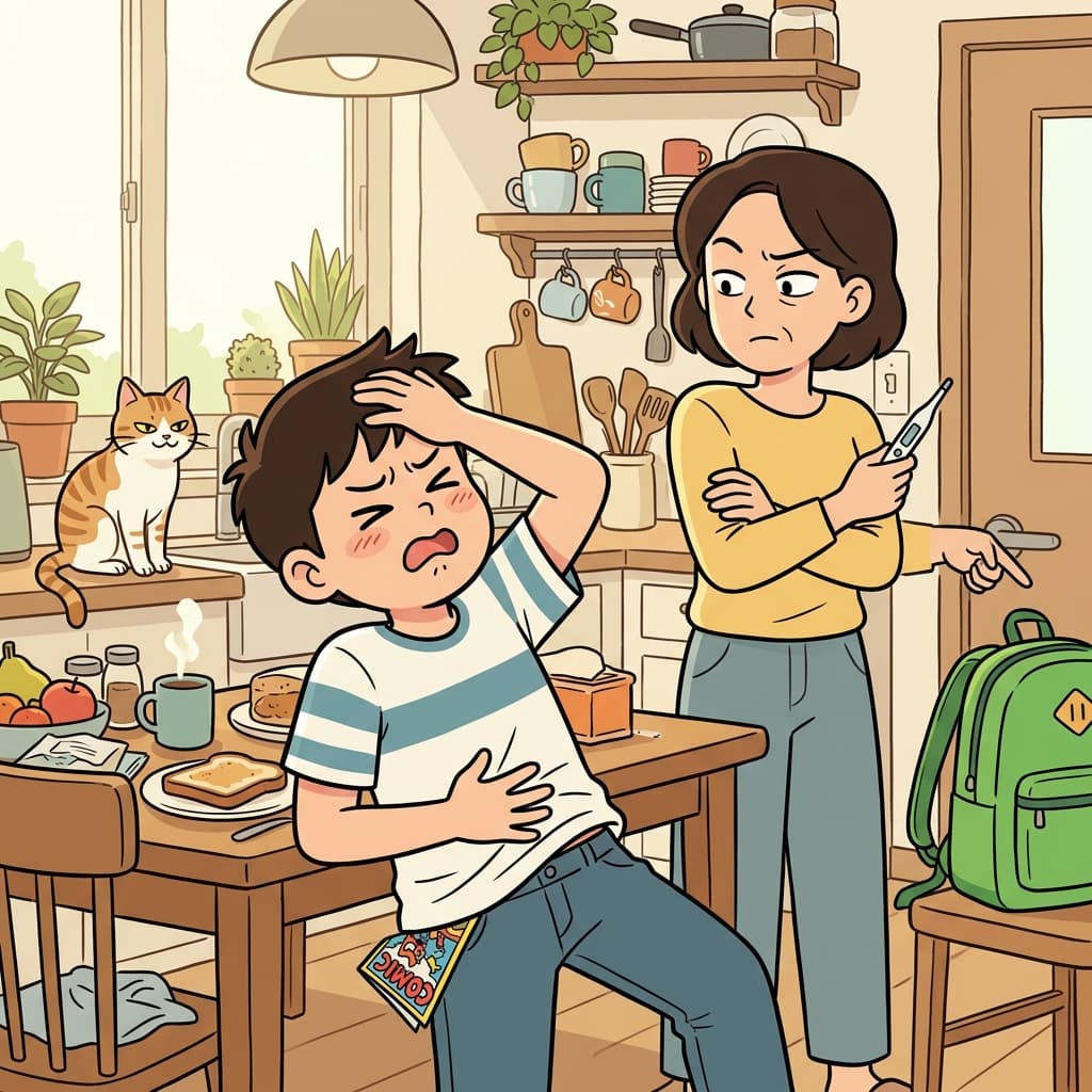 아들이 배 아픈 척하는데 엄마는 안 속는다.