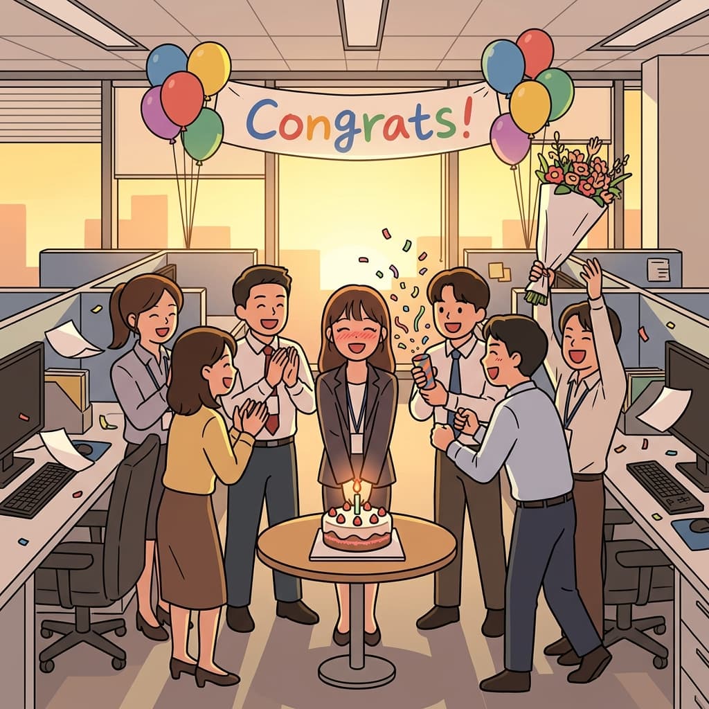 팀원들이 마야의 승진을 축하해주려고 다 모였다.