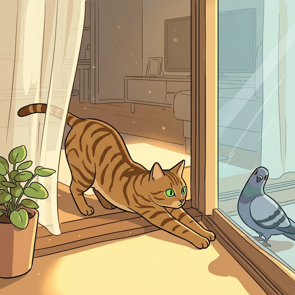 고양이 한 마리가 창가에서 늘어지게 기지개를 켜며 비둘기를 노린다.