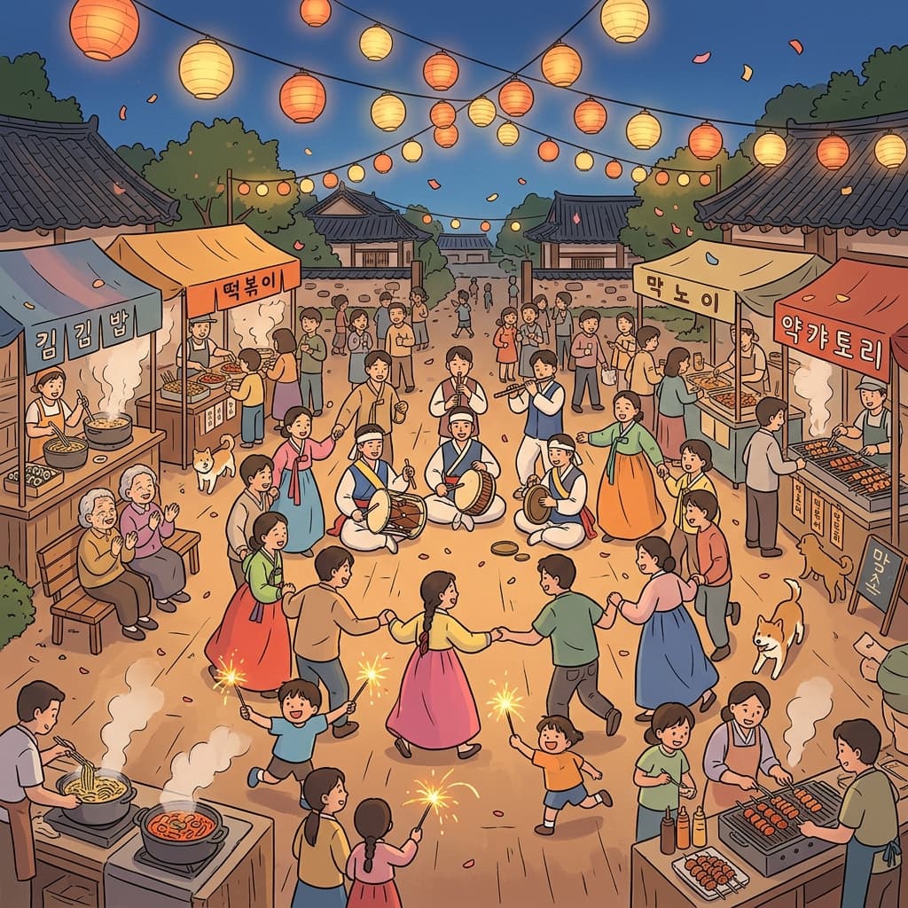 마을 축제가 광장을 불빛과 음악으로 가득 채웠다.
