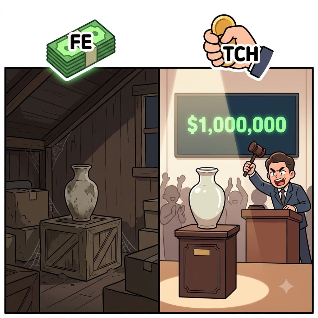 FE(수수료/돈) + TCH(잡다) — 거대한 돈(FE)을 잡기(TCH)를 희망하며, 그 골동품 도자기는 경매에서 백만 달러에 팔렸다(fetch).