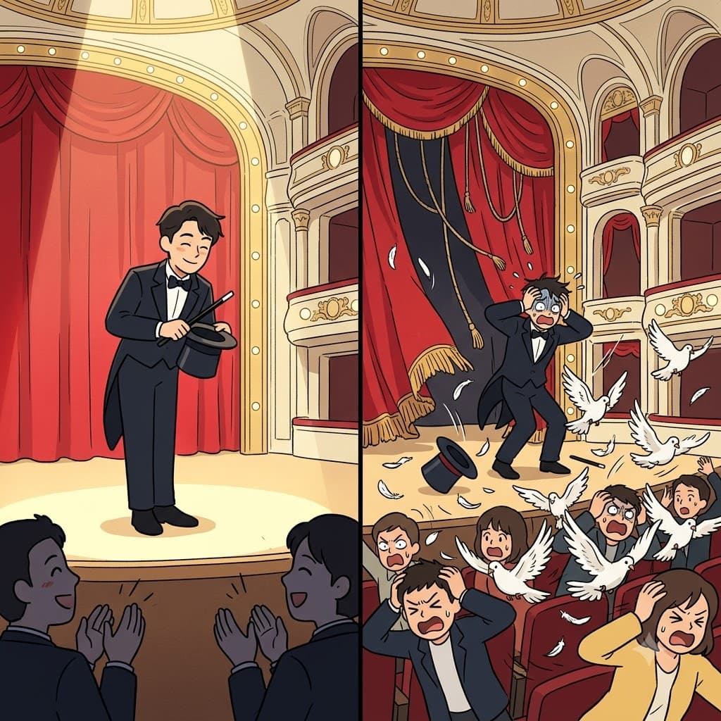 마술사가 큰 박수를 기대한 반면, 탈출한 비둘기들은 무대 위에서 지저분하고 당혹스러운 대실패(fiasco)를 일으켰다.
