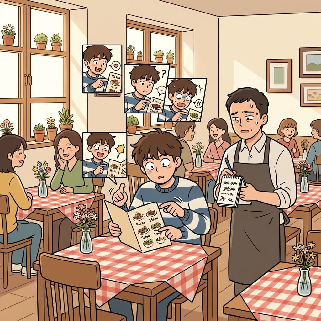 그는 주문을 세 번이나 바꿔서 종업원이 당황했다.