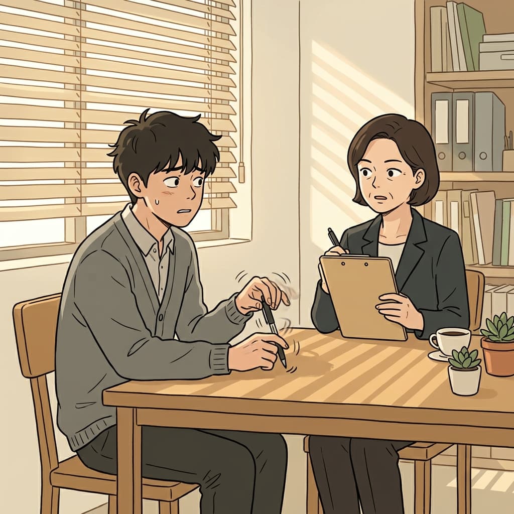 면접관 질문엔 답도 안 하고 펜만 만지작거리고 있다.