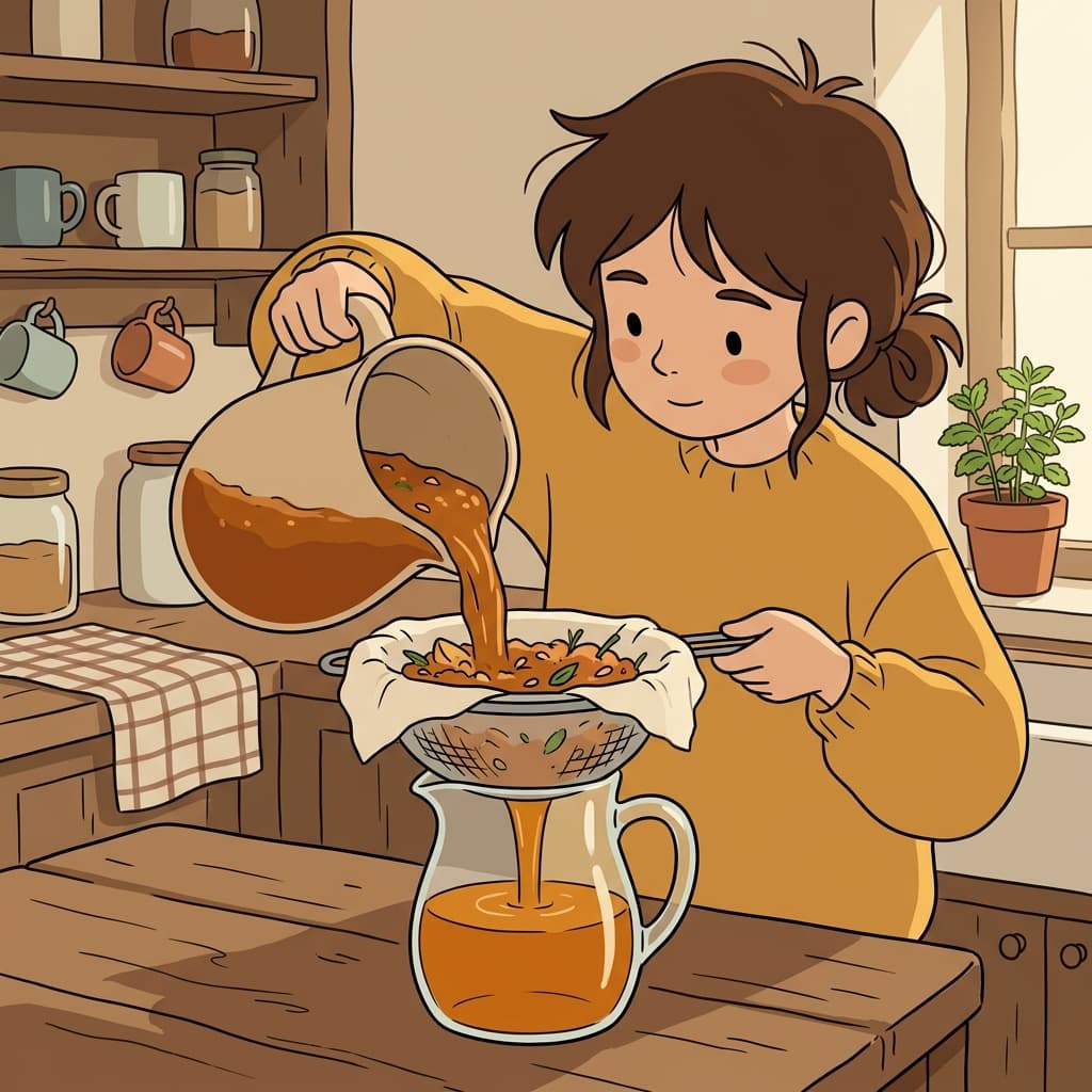 소녀는 직접 만든 주스에서 잎사귀를 걸러 내기 위해 필터를 사용했다. (필터 → "필요한 것만 남기고 털어 낸다!")
