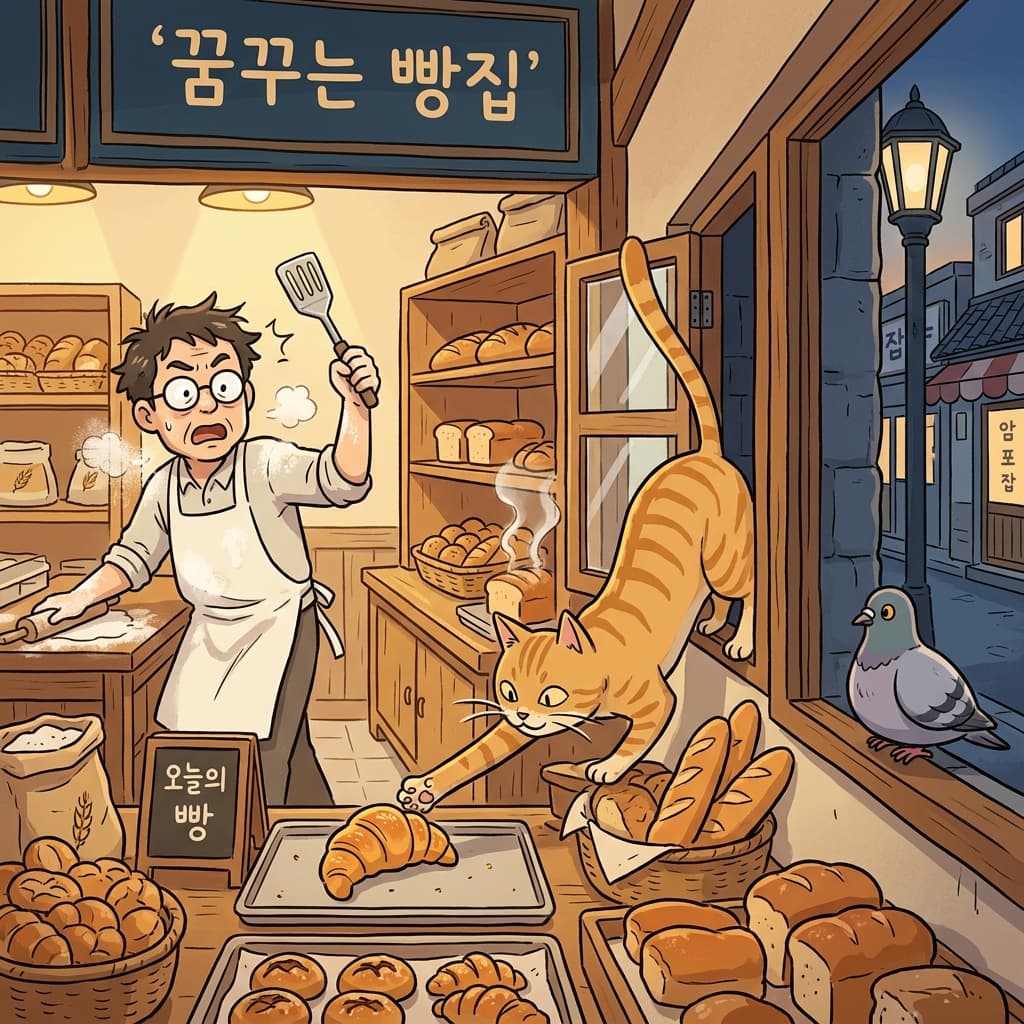 길고양이 한 마리가 빵집 뒷창문으로 슬쩍 들어왔다.