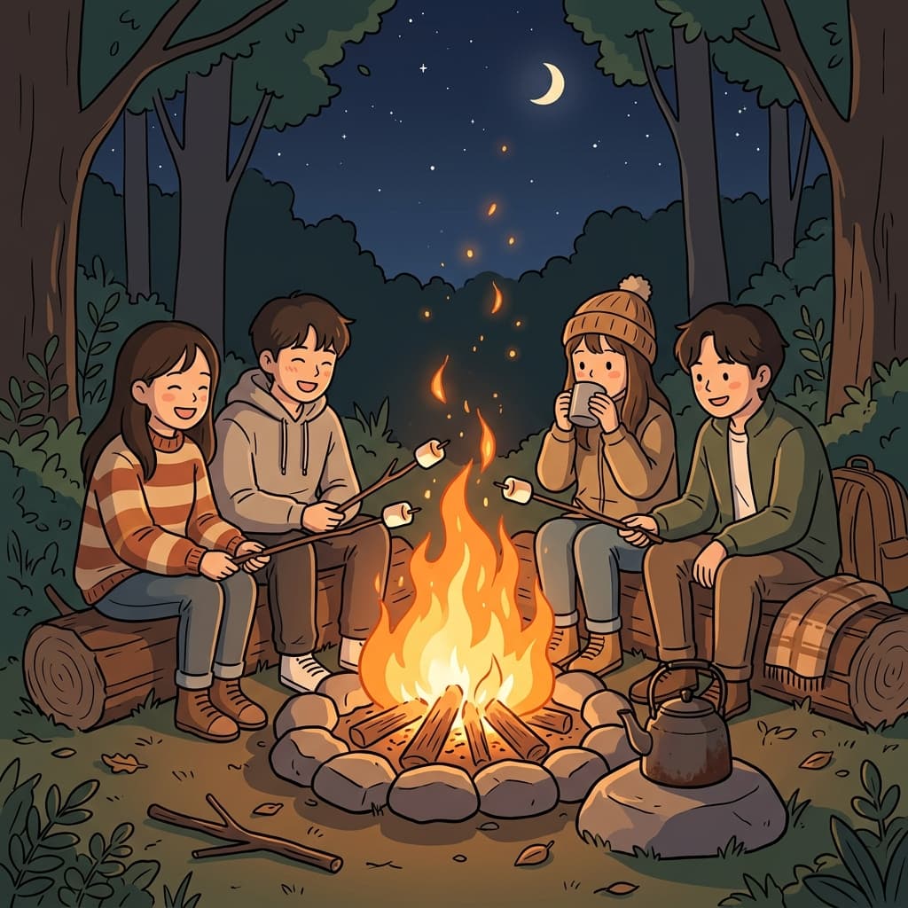 캠핑장에서 모닥불 피워 놓고 마시멜로 구워 먹는 중.