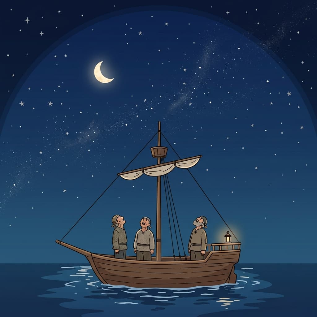 옛 항해사들이 별이 가득한 광활한 하늘을 올려다본다.