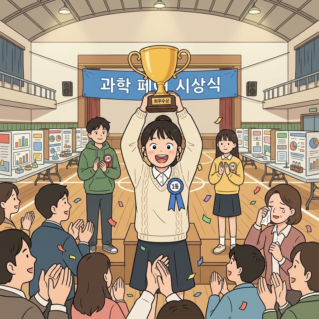 과학경진대회에서 1등상을 받고 트로피를 번쩍 들어올렸다.