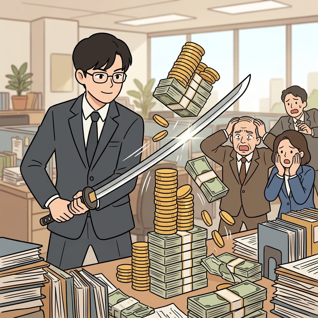 재정 담당자는 자비 없이 진짜 칼을 뽑아 들고 불필요한 예산을 베어버렸다. ("피 스윽 칼(컬)"
→ 예산 삭감을 위해 피(blood)도 눈물도 없이 스윽 칼(컬)을 뽑아 드는 무자비한 재정(fiscal) 담당자의 모습)