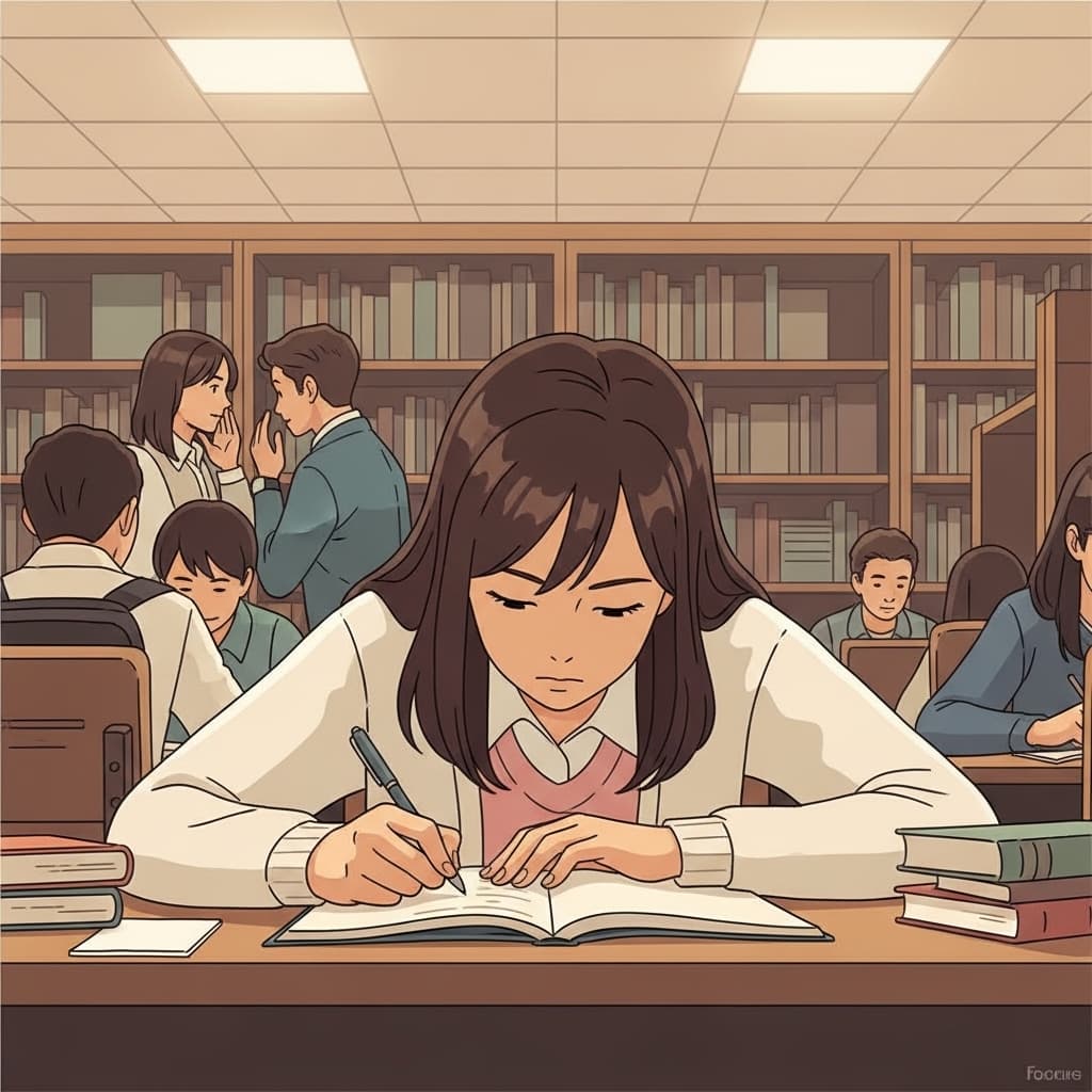 그녀는 주변 사람들이 이야기하는 동안에도 공부에 집중했다.