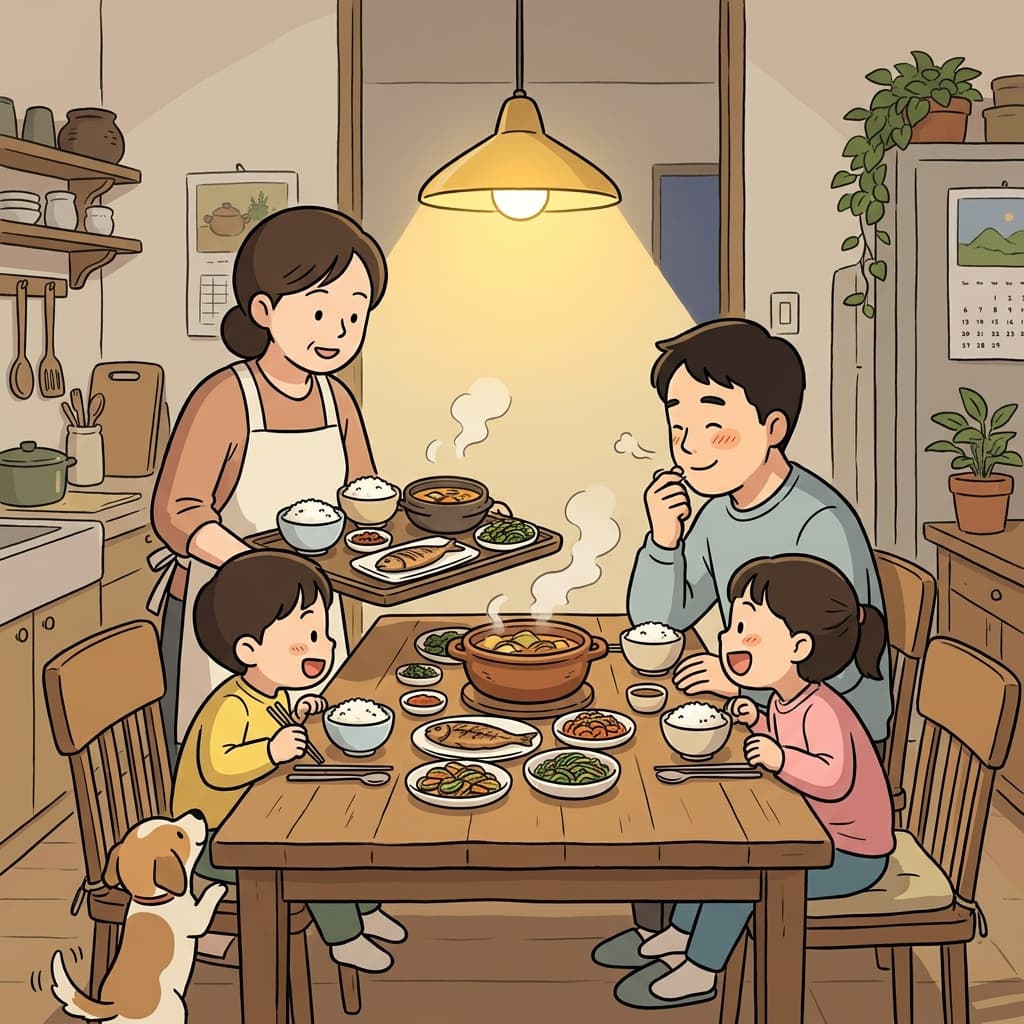 일요일 저녁, 가족을 위해 따뜻한 음식을 차린다.