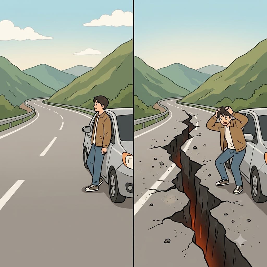 조용한 도로(road)를 갑자기 갈라놓은 거대하고 붉게 빛나는 균열은 파멸적인 지진을 명확히 예고했다(forebode).