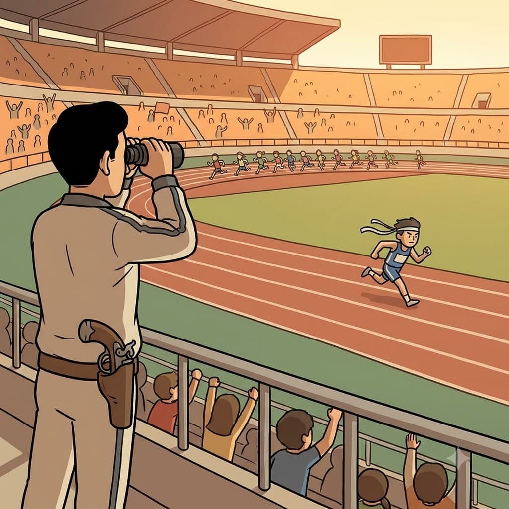 선구자(forerunner)는 모든 주자(runner)보다 앞서 달렸고, 포수(gunner)는 경기장 관중석에서 경주를 지켜보았다.