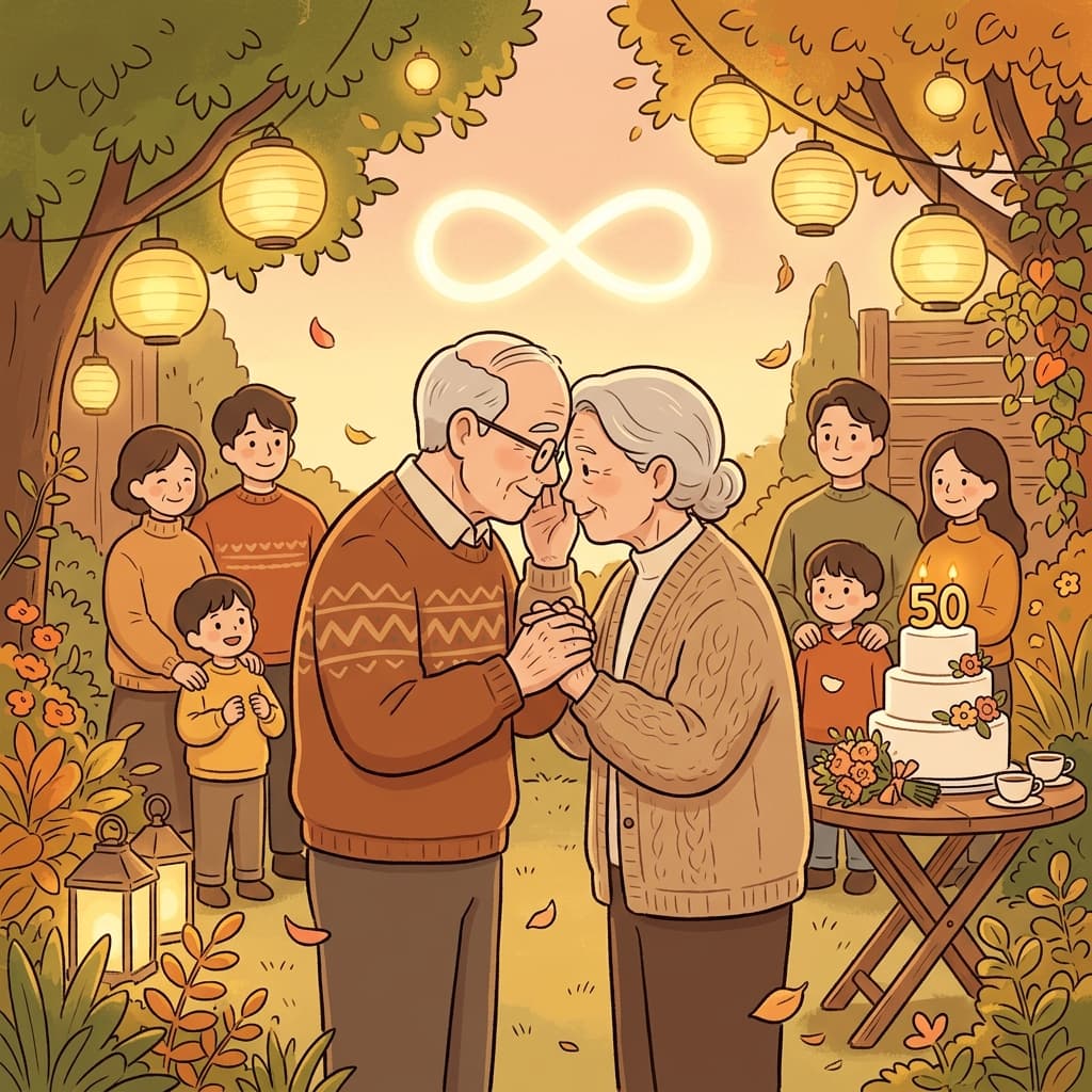 노부부가 금혼식에서 영원히 함께하자고 약속했다.