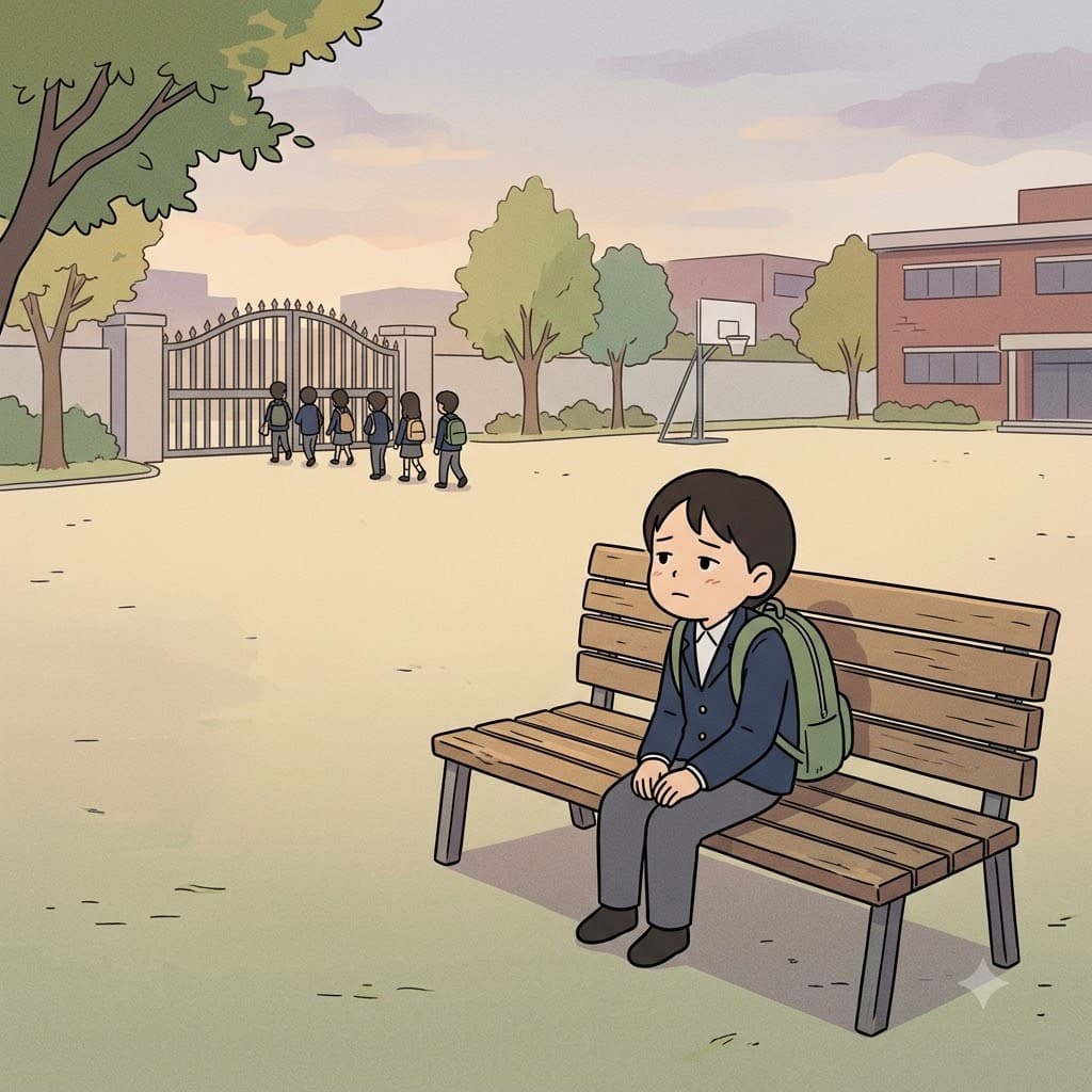 쓸쓸한(forlorn) 아이는 모두가 자신을 두고 떠난 것처럼 느끼며 구석에 홀로 앉아 있었다.