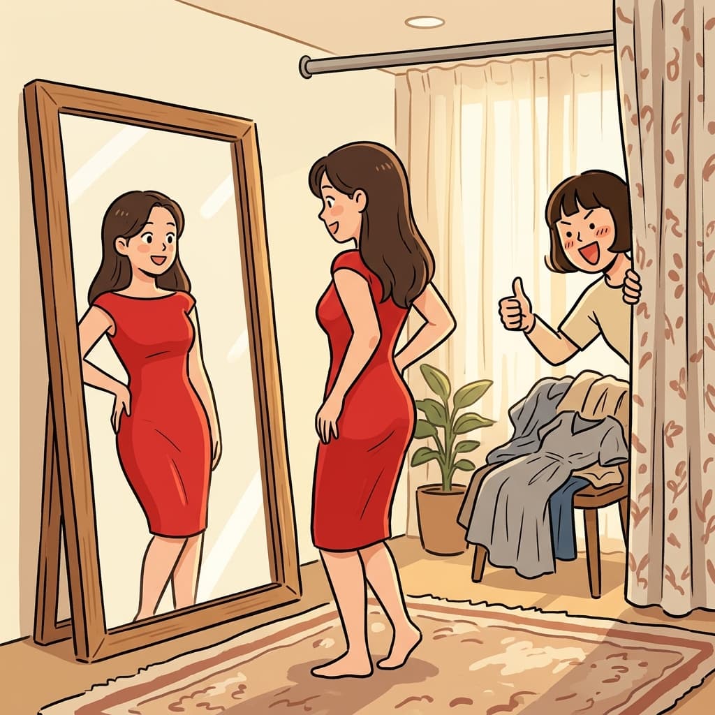 몸에 딱 붙는 원피스를 입고 거울 앞에서 한 바퀴 돌았다.