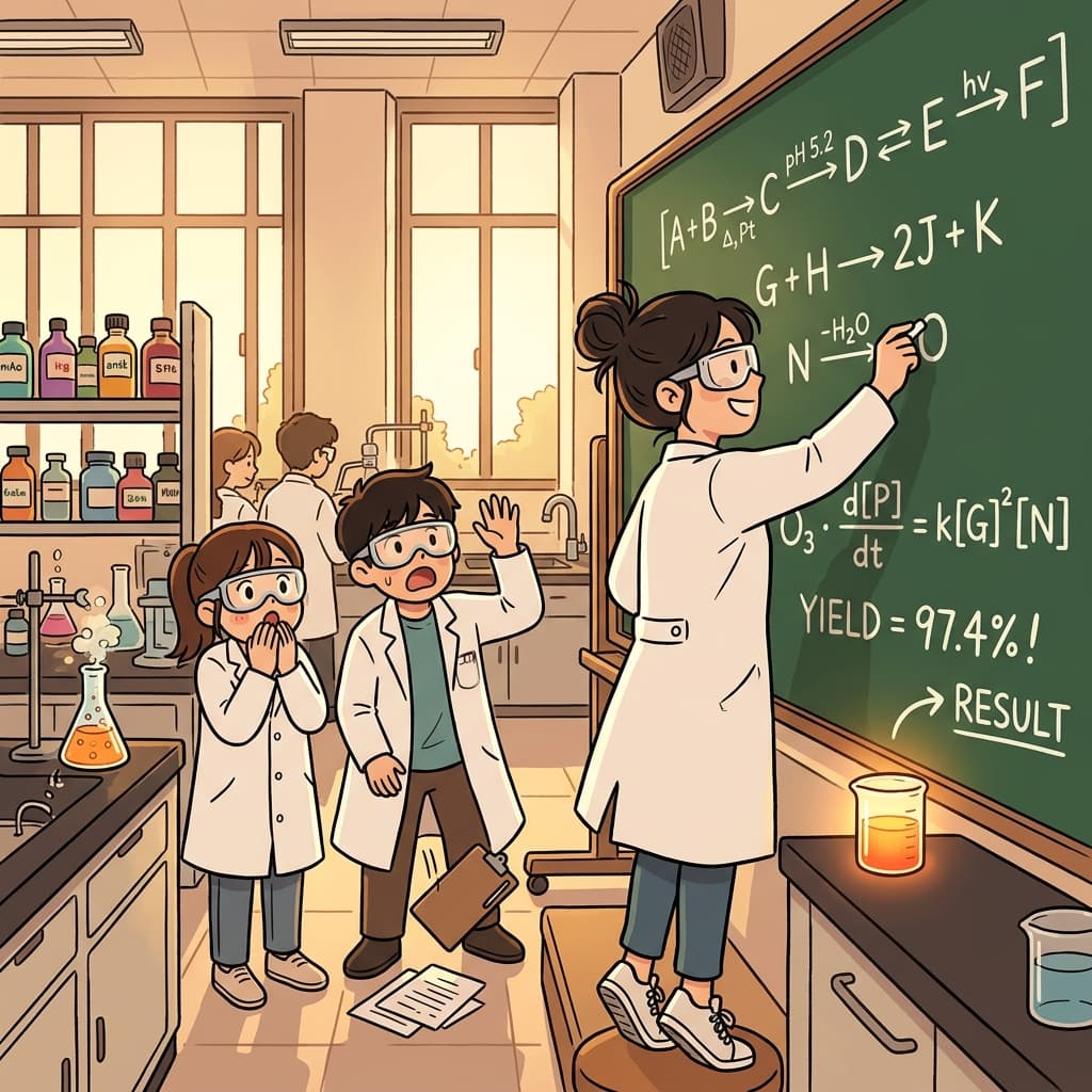 화학자가 새 화합물을 만들려고 칠판에 정확한 공식을 적는다.