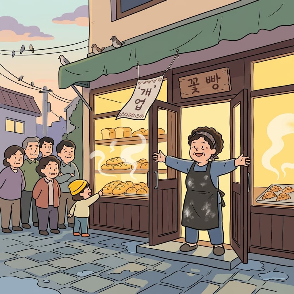 빵집 창업자가 첫날 문을 활짝 연다.