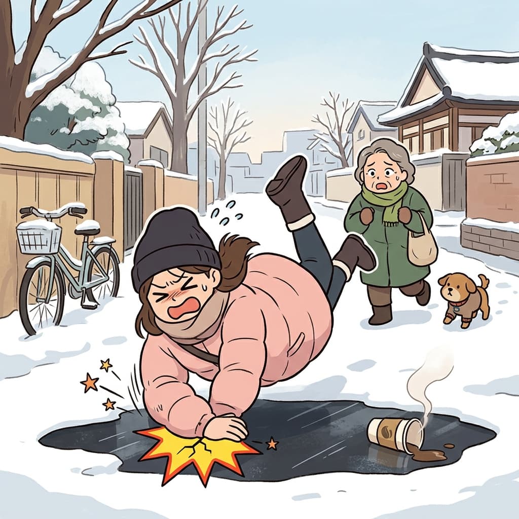 빙판에 미끄러져 손목이 부러졌다.