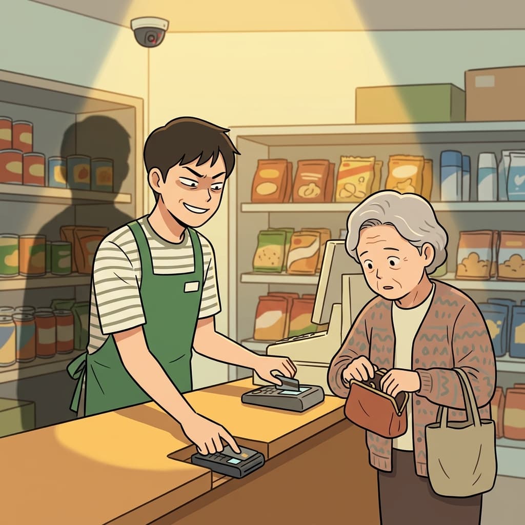 계산원이 노부인의 카드를 몰래 두 번 긁었다.