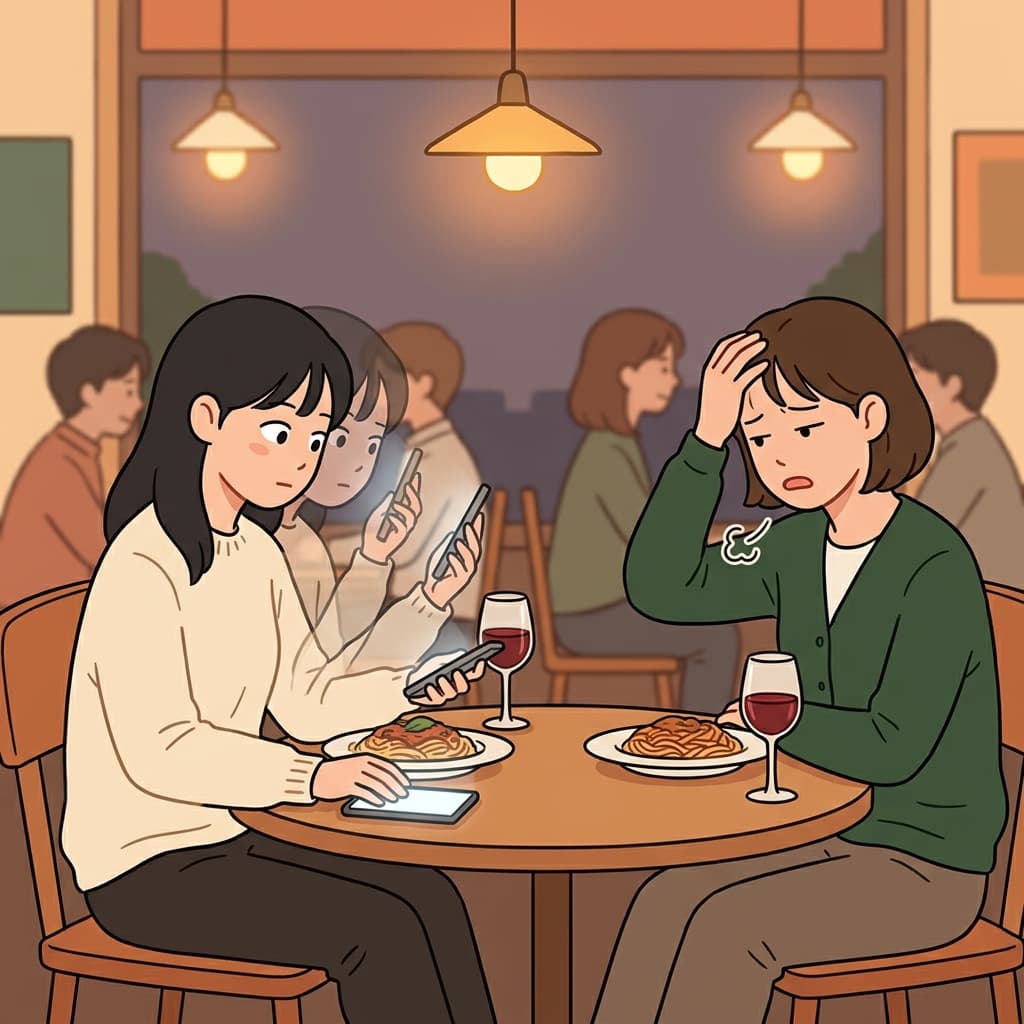 그녀는 저녁 먹는 내내 핸드폰을 계속 들여다본다.