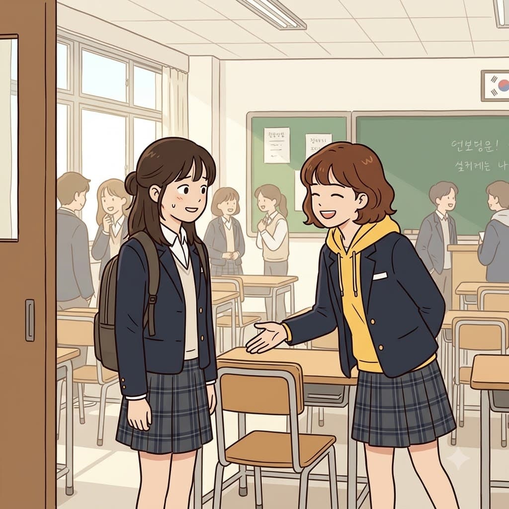 그녀는 새로 온 학생을 따뜻하게 맞이하고 자리를 찾아주며 “프렌들리하게 대해!”라고 말했다. (friend = 친구 + -ly = ~처럼 → 친구처럼 따뜻하게 대해)