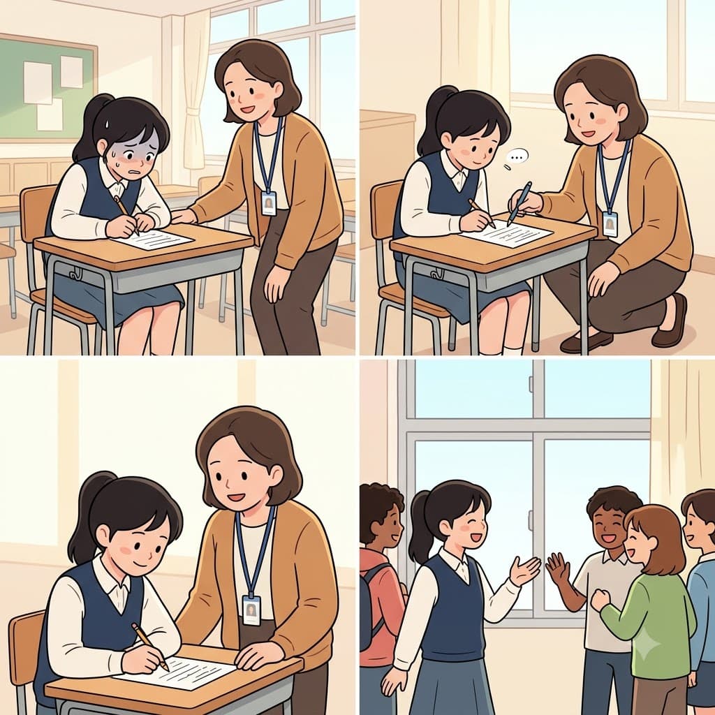 친절한(friendly) 선생님은 긴장한 학생을 다정하게(kindly) 도왔고, 학생은 마침내(finally) 새 교실에서 편안함을 느꼈다.