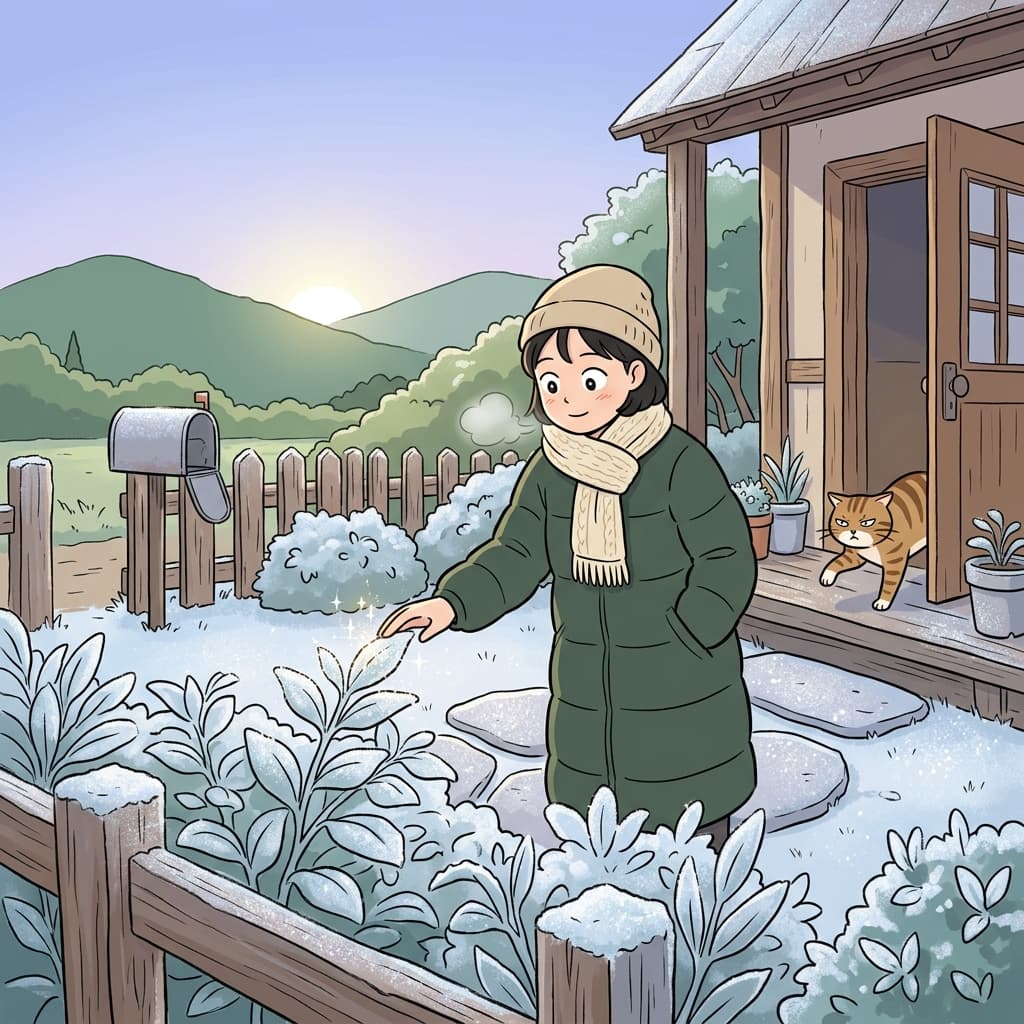 서리 내린 아침, 잎사귀마다 하얀 레이스가 붙었다.
