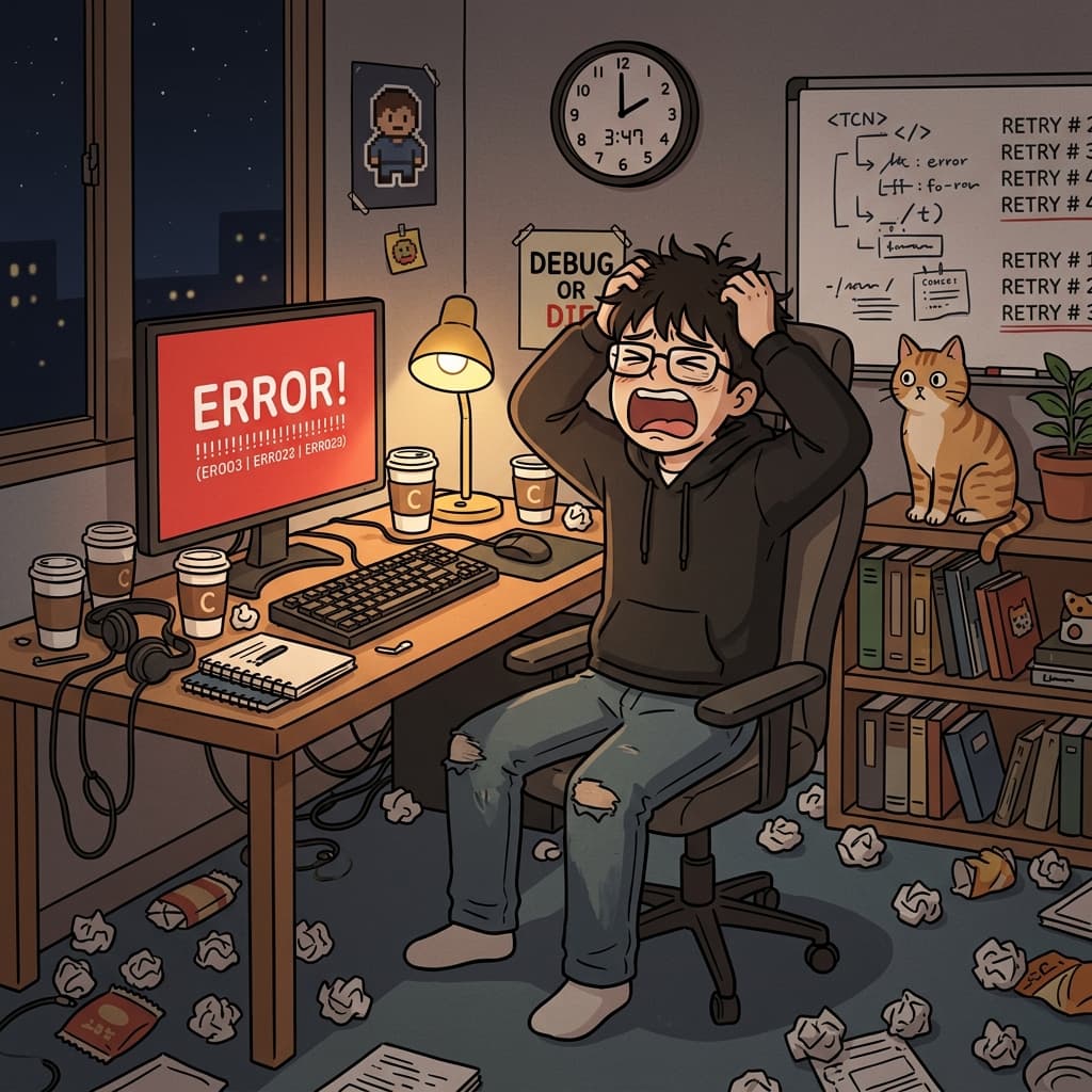 코드가 또 터지자 그는 머리를 쥐어뜯었다.