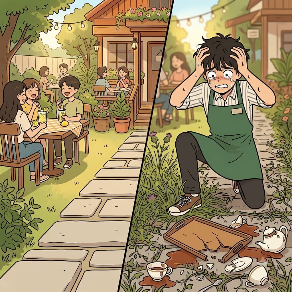 "풀(f)숲 덤불에 걸려 트레이(tray/쟁반)를 엎지르고 찻잔이 와장창 깨지다니, 속이 터(ted)지고 너무 답답하고 좌절스러워(frustrated)!"