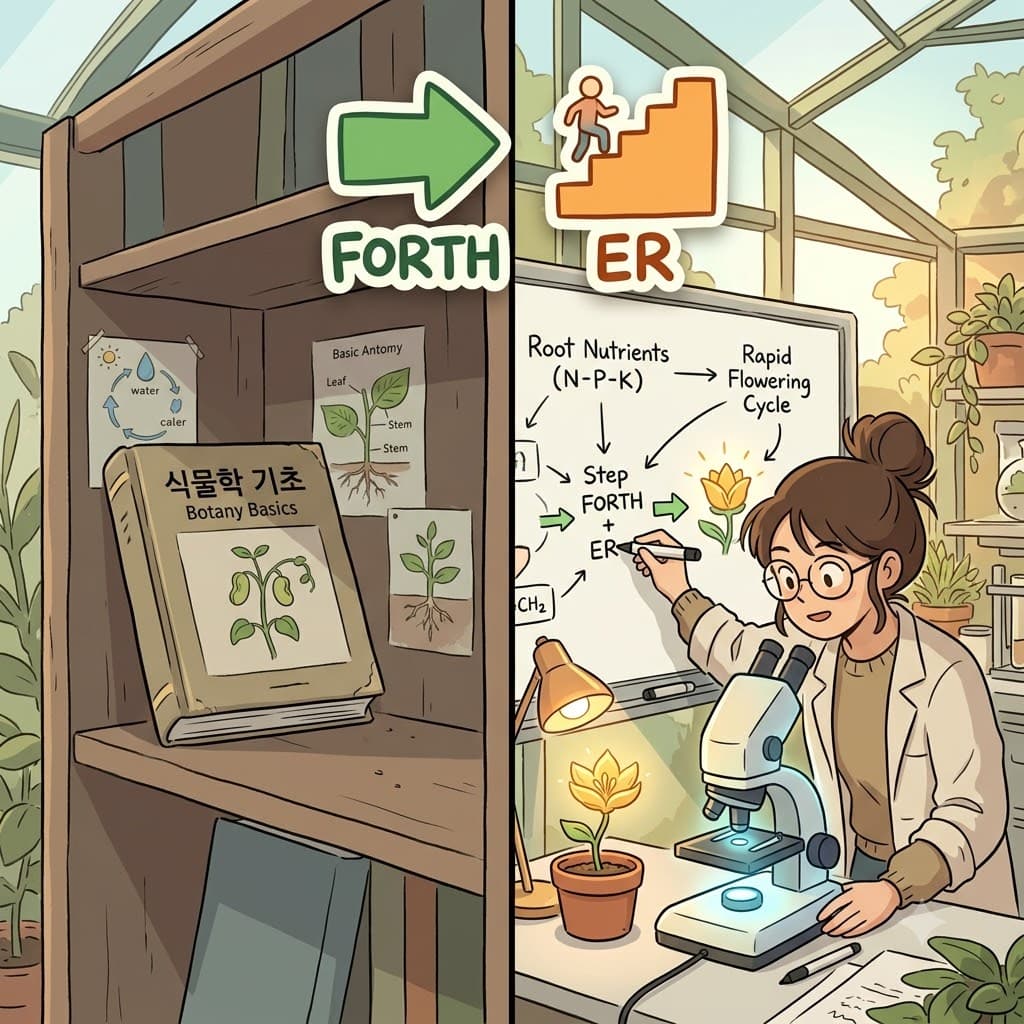 FORTH (앞으로) + ER (비교급 한 걸음 더) — 현미경 관찰 노트를 한 걸음 더 앞으로(FORTH) 진전시킴으로써, 젊은 과학자는 식물 연구를 발전시키기(further) 위해 매진했다.