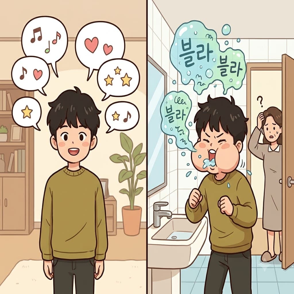 "가(ga)글하며 블(ble)라블라!" 입에 물을 가득 머금고 말함으로써, 소년은 자신의 말을 완전히 알아들을 수 없게 왜곡했다(garble).