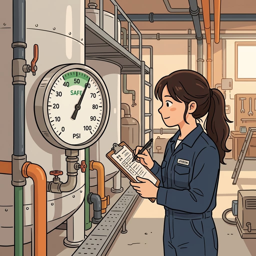 기술자는 압력 게이지로 탱크의 압력을 측정했다.