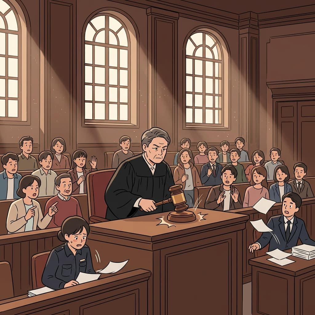 판사가 의사봉을 내리치자 시끄럽던 법정이 순식간에 조용해졌다.