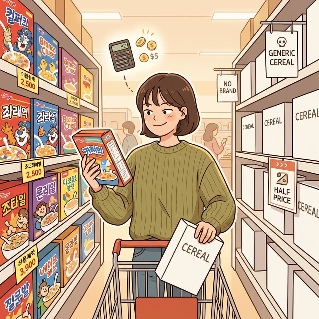 그녀는 몇 푼 아끼려고 무상표 시리얼을 골랐다.