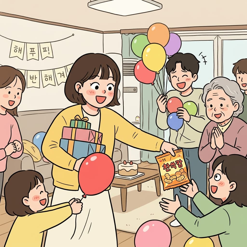 그녀는 주변 사람들에게 선물과 간식을 아낌없이 나누어 주었다.